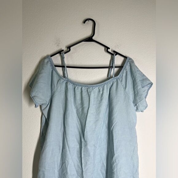 Old Navy Blue Chambray Denim Off Shoulder Eyelet Lace Hem Casual Dress Sz M - Picture 3 of 12